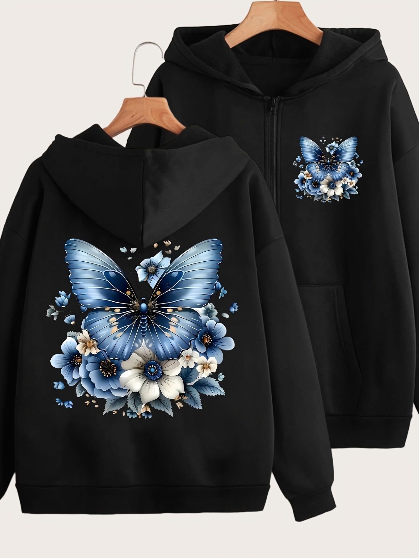 Artistic Blue Butterfly Print Y2K Casual Style Zip-Up Hoodie - Fashionable and Comfortable Zip Jacket, All-Season Casual Sportswear, Casual Sportswear Fashion Jacket | Comfortable Fabric   OAXG Sky Blue / S