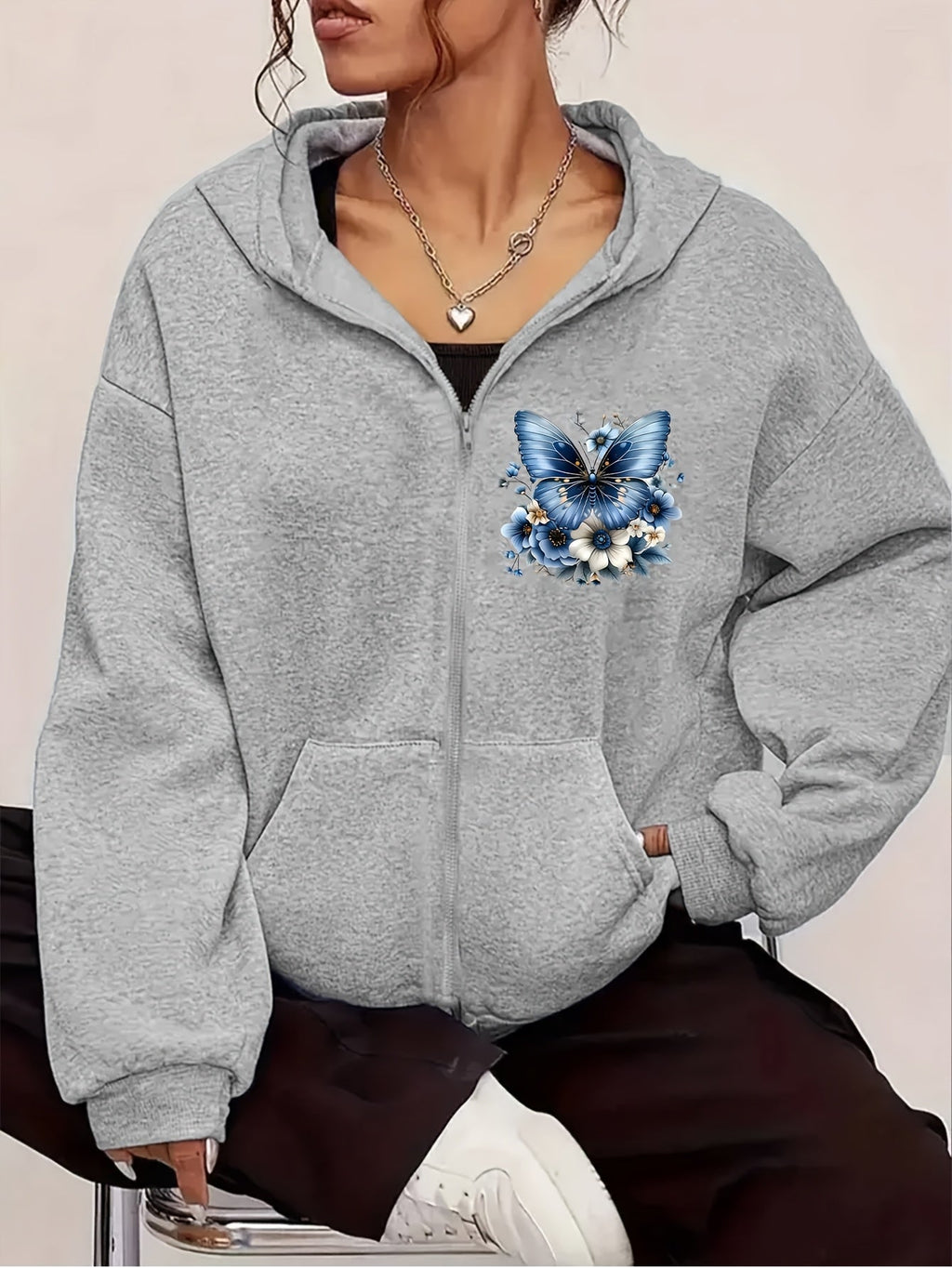 Artistic Blue Butterfly Print Y2K Casual Style Zip-Up Hoodie - Fashionable and Comfortable Zip Jacket, All-Season Casual Sportswear, Casual Sportswear Fashion Jacket | Comfortable Fabric   OAXG Sky Blue / S