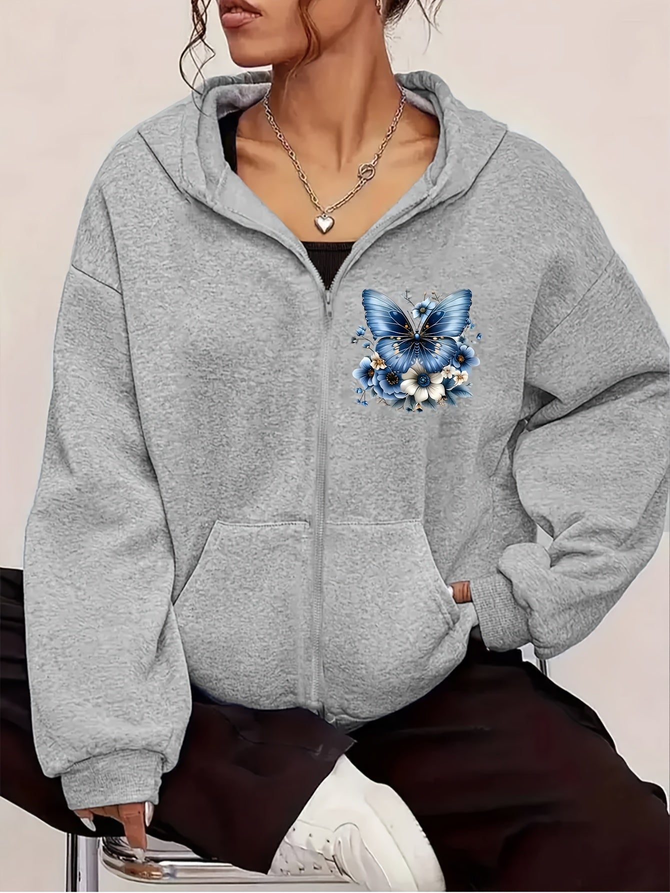 Artistic Blue Butterfly Print Y2K Casual Style Zip-Up Hoodie - Fashionable and Comfortable Zip Jacket, All-Season Casual Sportswear, Casual Sportswear Fashion Jacket | Comfortable Fabric   OAXG Sky Blue / S