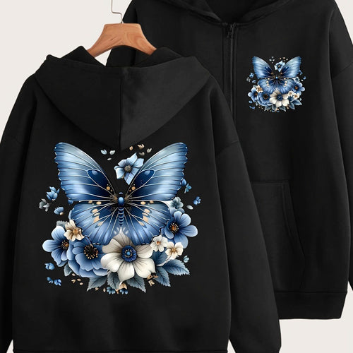 Artistic Blue Butterfly Print Y2K Casual Style Zip-Up Hoodie - Fashionable and Comfortable Zip Jacket, All-Season Casual Sportswear, Casual Sportswear Fashion Jacket | Comfortable Fabric   OAXG Sky Blue / S