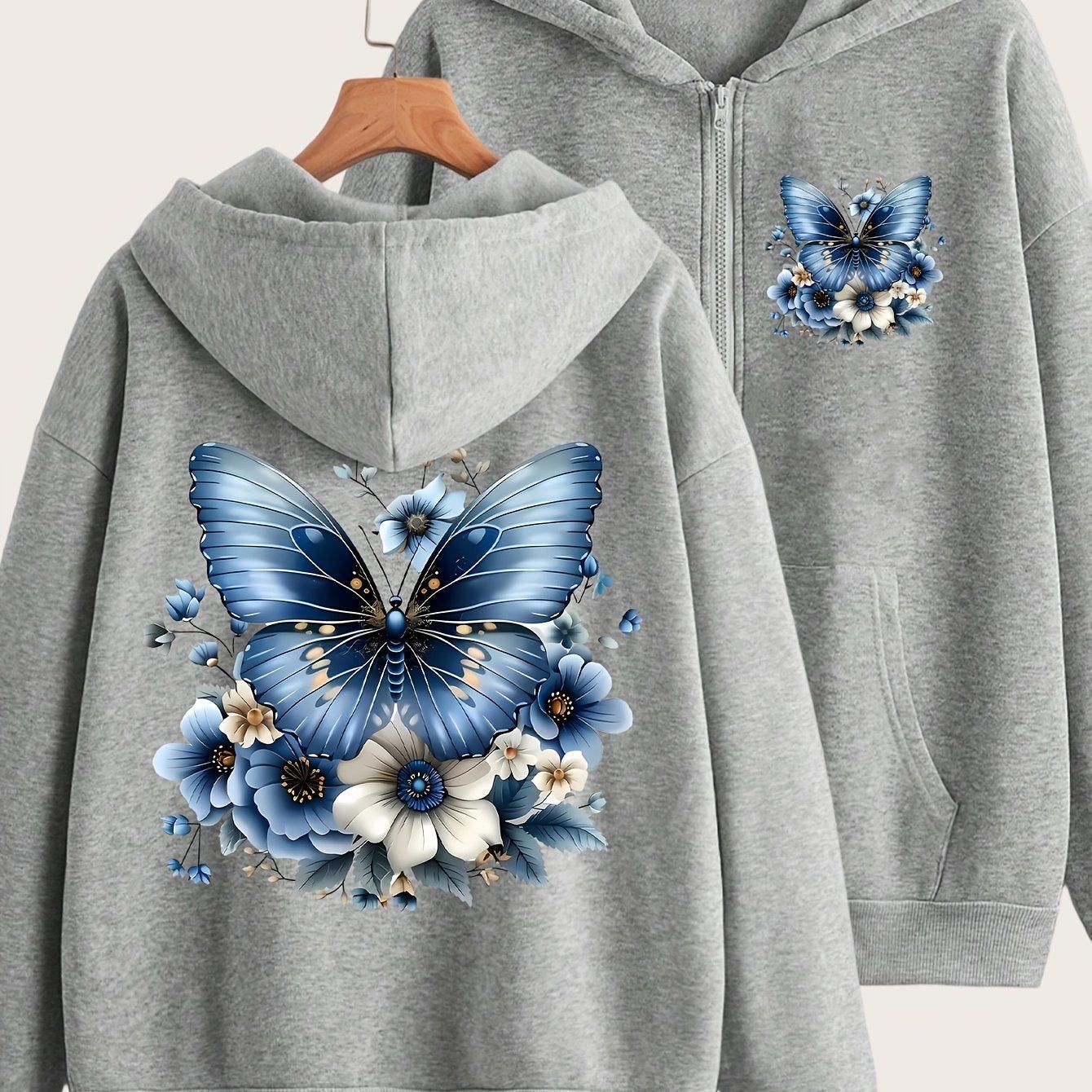 Artistic Blue Butterfly Print Y2K Casual Style Zip-Up Hoodie - Fashionable and Comfortable Zip Jacket, All-Season Casual Sportswear, Casual Sportswear Fashion Jacket | Comfortable Fabric   OAXG Sky Blue / S