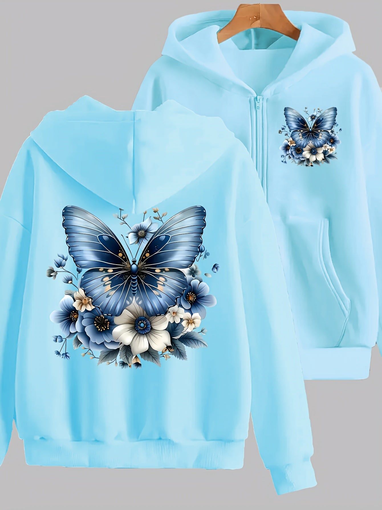 Artistic Blue Butterfly Print Y2K Casual Style Zip-Up Hoodie - Fashionable and Comfortable Zip Jacket, All-Season Casual Sportswear, Casual Sportswear Fashion Jacket | Comfortable Fabric   OAXG Sky Blue / S
