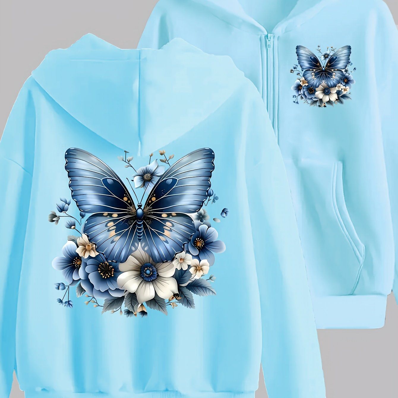 Artistic Blue Butterfly Print Y2K Casual Style Zip-Up Hoodie - Fashionable and Comfortable Zip Jacket, All-Season Casual Sportswear, Casual Sportswear Fashion Jacket | Comfortable Fabric   OAXG Sky Blue / S