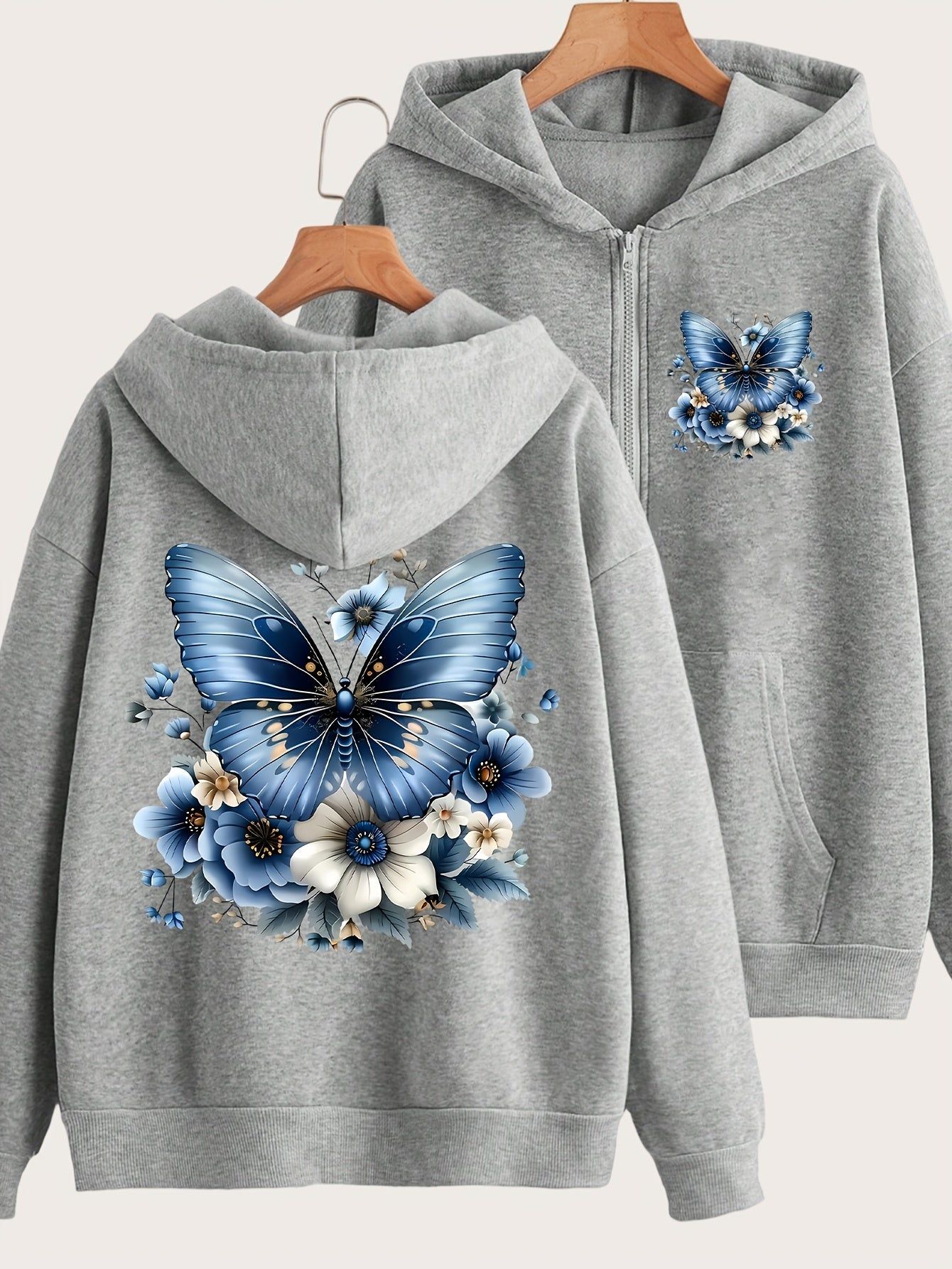 Artistic Blue Butterfly Print Y2K Casual Style Zip-Up Hoodie - Fashionable and Comfortable Zip Jacket, All-Season Casual Sportswear, Casual Sportswear Fashion Jacket | Comfortable Fabric   OAXG Sky Blue / S