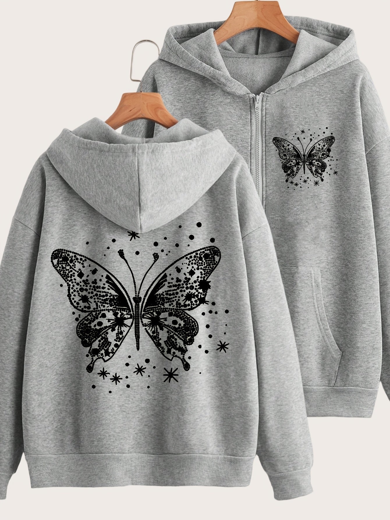 Artistic Butterfly Print - Y2K Casual Style Zip-Up Hoodie - Fashionable and Comfortable Zip Jacket, Suitable for All Seasons Casual Sportswear, Fashionable Casual Jacket | Comfortable Fabric   OAXG Grey / S