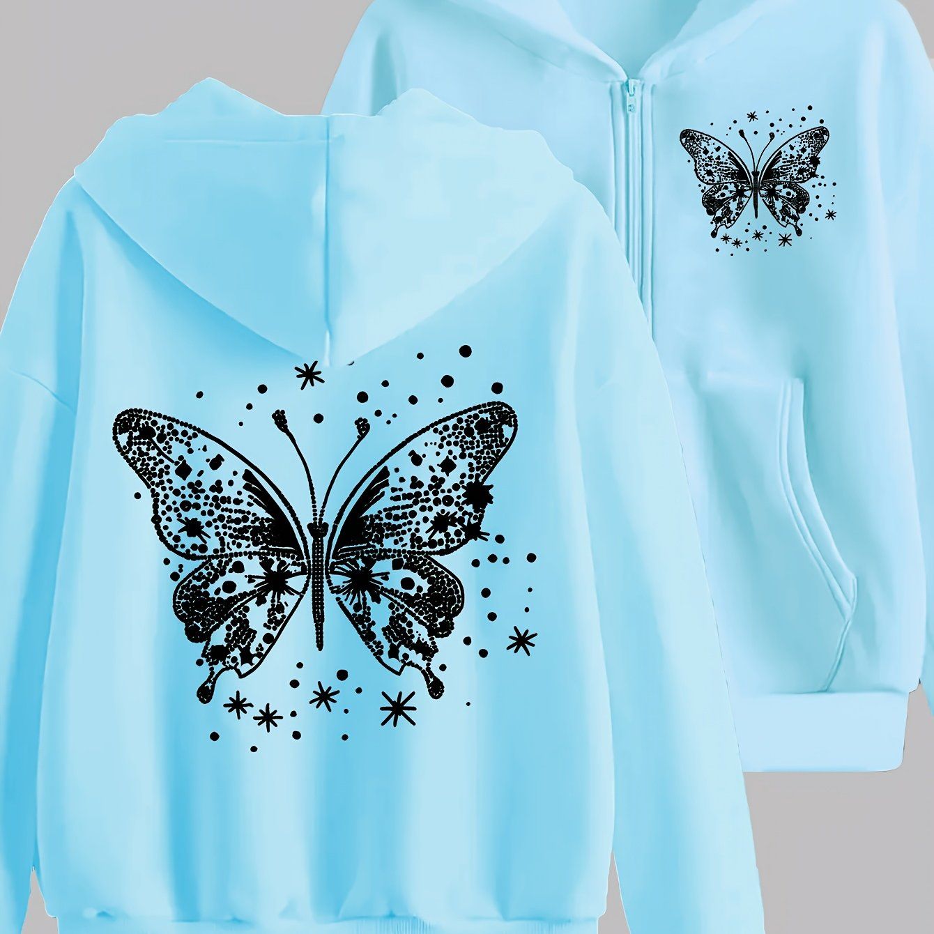 Artistic Butterfly Print - Y2K Casual Style Zip-Up Hoodie - Fashionable and Comfortable Zip Jacket, Suitable for All Seasons Casual Sportswear, Fashionable Casual Jacket | Comfortable Fabric   OAXG Grey / S