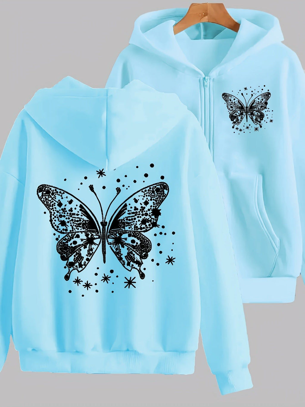 Artistic Butterfly Print - Y2K Casual Style Zip-Up Hoodie - Fashionable and Comfortable Zip Jacket, Suitable for All Seasons Casual Sportswear, Fashionable Casual Jacket | Comfortable Fabric   OAXG Grey / S