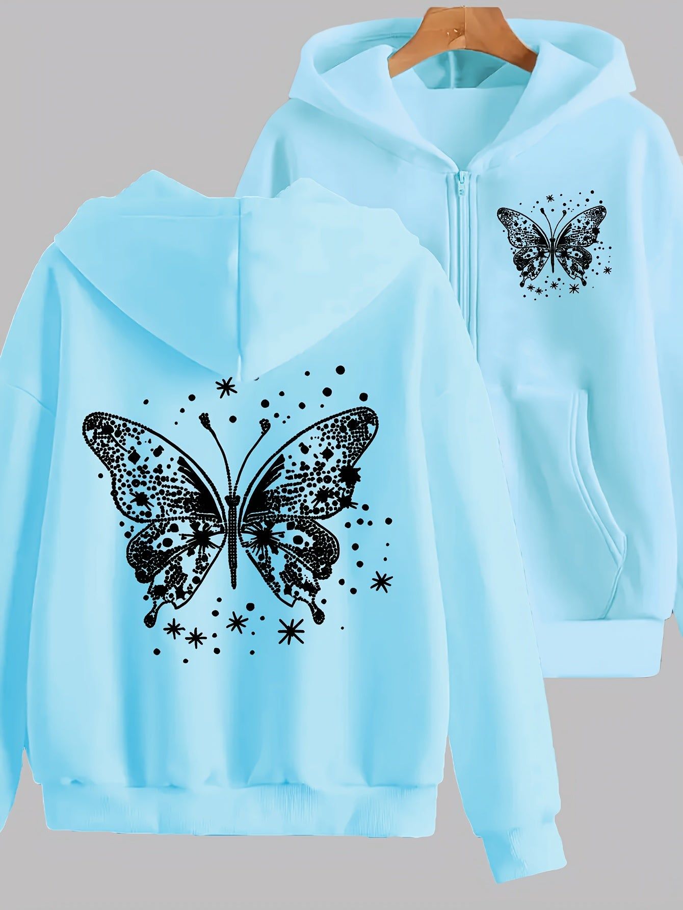 Artistic Butterfly Print - Y2K Casual Style Zip-Up Hoodie - Fashionable and Comfortable Zip Jacket, Suitable for All Seasons Casual Sportswear, Fashionable Casual Jacket | Comfortable Fabric   OAXG Grey / S