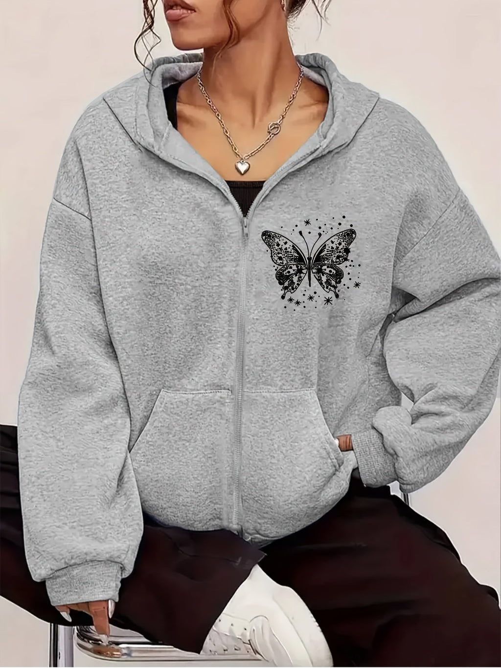 Artistic Butterfly Print - Y2K Casual Style Zip-Up Hoodie - Fashionable and Comfortable Zip Jacket, Suitable for All Seasons Casual Sportswear, Fashionable Casual Jacket | Comfortable Fabric   OAXG Grey / S