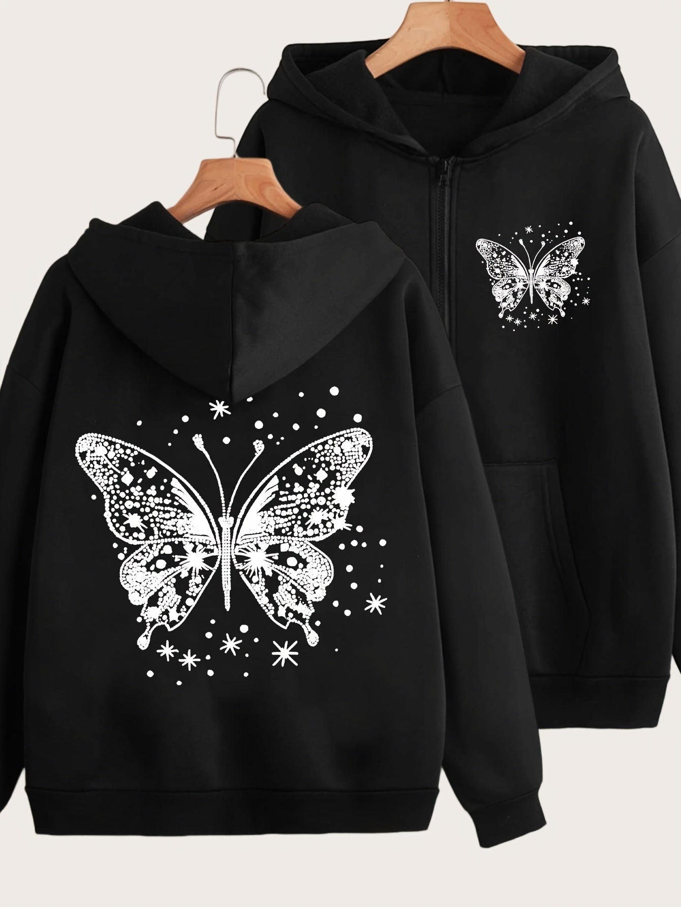Artistic Butterfly Print - Y2K Casual Style Zip-Up Hoodie - Fashionable and Comfortable Zip Jacket, Suitable for All Seasons Casual Sportswear, Fashionable Casual Jacket | Comfortable Fabric   OAXG Grey / S