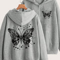 Artistic Butterfly Print - Y2K Casual Style Zip-Up Hoodie - Fashionable and Comfortable Zip Jacket, Suitable for All Seasons Casual Sportswear, Fashionable Casual Jacket | Comfortable Fabric   OAXG Grey / S