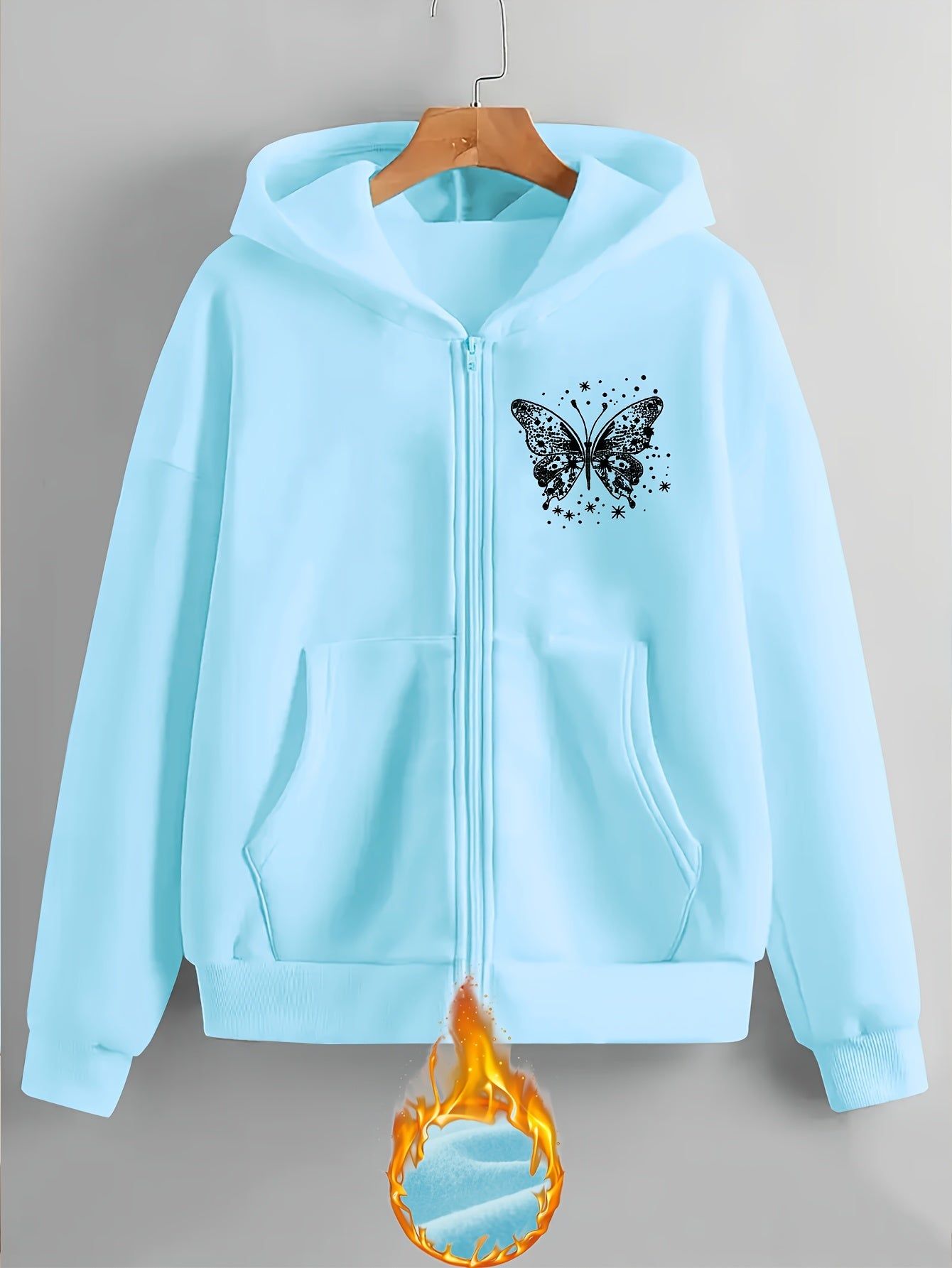 Artistic Butterfly Print - Y2K Casual Style Zip-Up Hoodie - Fashionable and Comfortable Zip Jacket, Suitable for All Seasons Casual Sportswear, Fashionable Casual Jacket | Comfortable Fabric   OAXG Grey / S