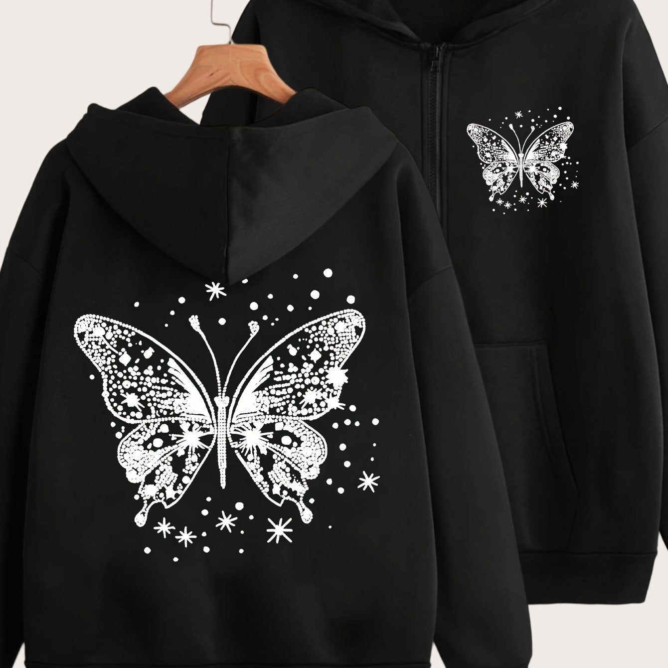 Artistic Butterfly Print - Y2K Casual Style Zip-Up Hoodie - Fashionable and Comfortable Zip Jacket, Suitable for All Seasons Casual Sportswear, Fashionable Casual Jacket | Comfortable Fabric   OAXG Grey / S