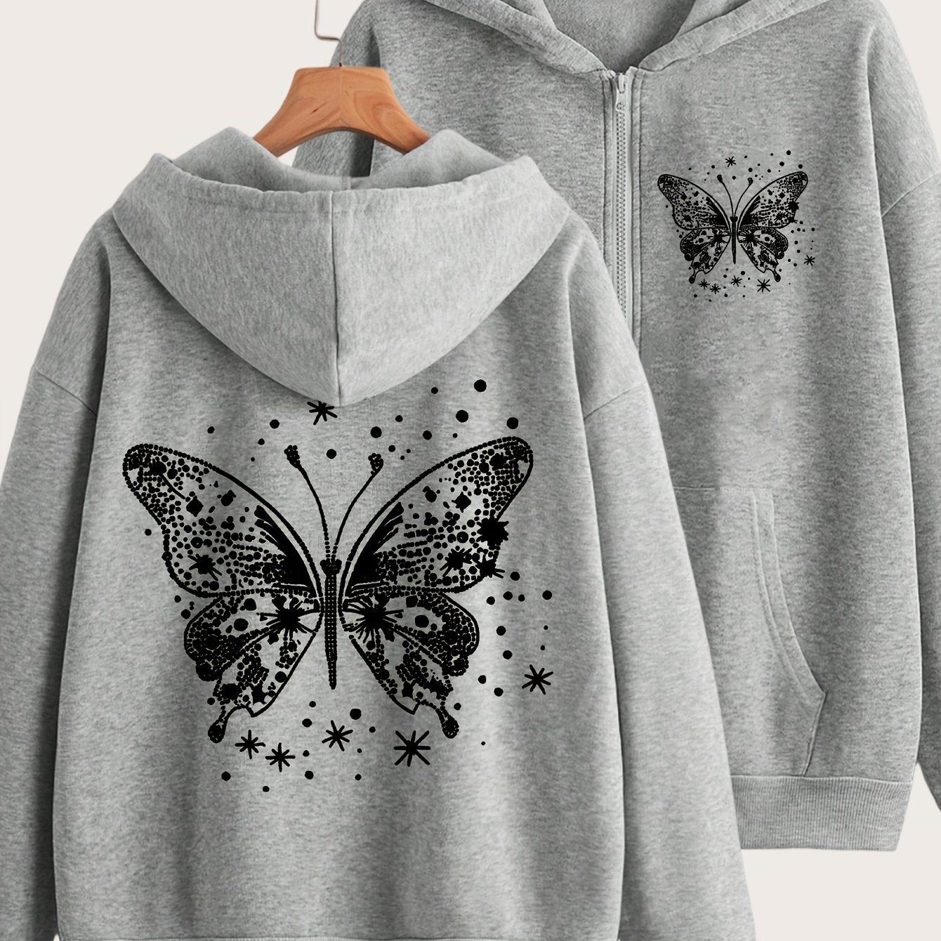 Artistic Butterfly Print - Y2K Casual Style Zip-Up Hoodie - Fashionable and Comfortable Zip Jacket, Suitable for All Seasons Casual Sportswear, Fashionable Casual Jacket | Comfortable Fabric   OAXG Grey / S