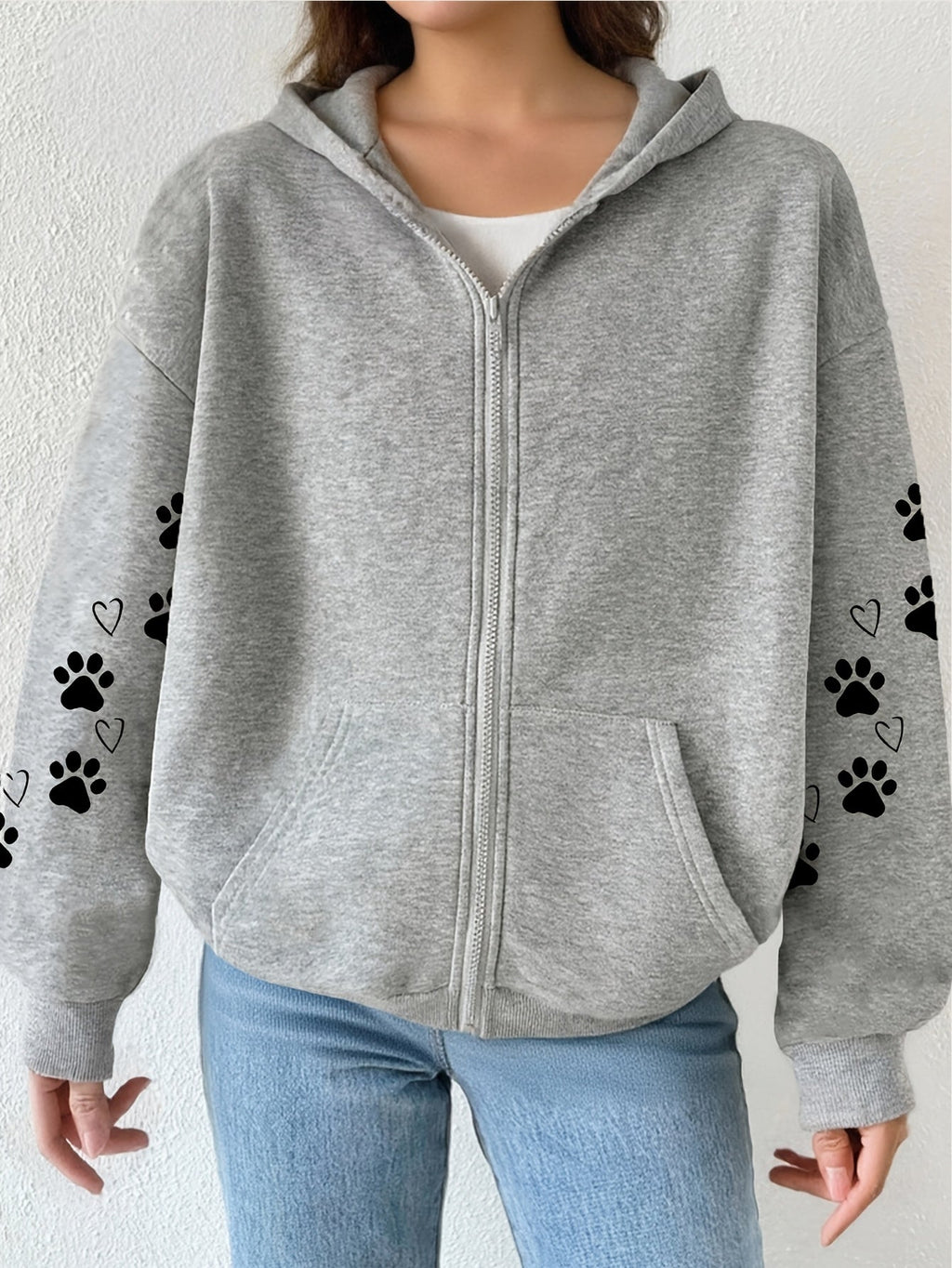 Artistic Dog Paw Print Pattern Print - Y2K Casual Style Zip-Up Hoodie - Stylish and Comfortable Zip-Up Jacket, Suitable for All Seasons Casual Sportswear, Fashionable Casual Jacket | Comfortable Fabric   OAXG Grey / S