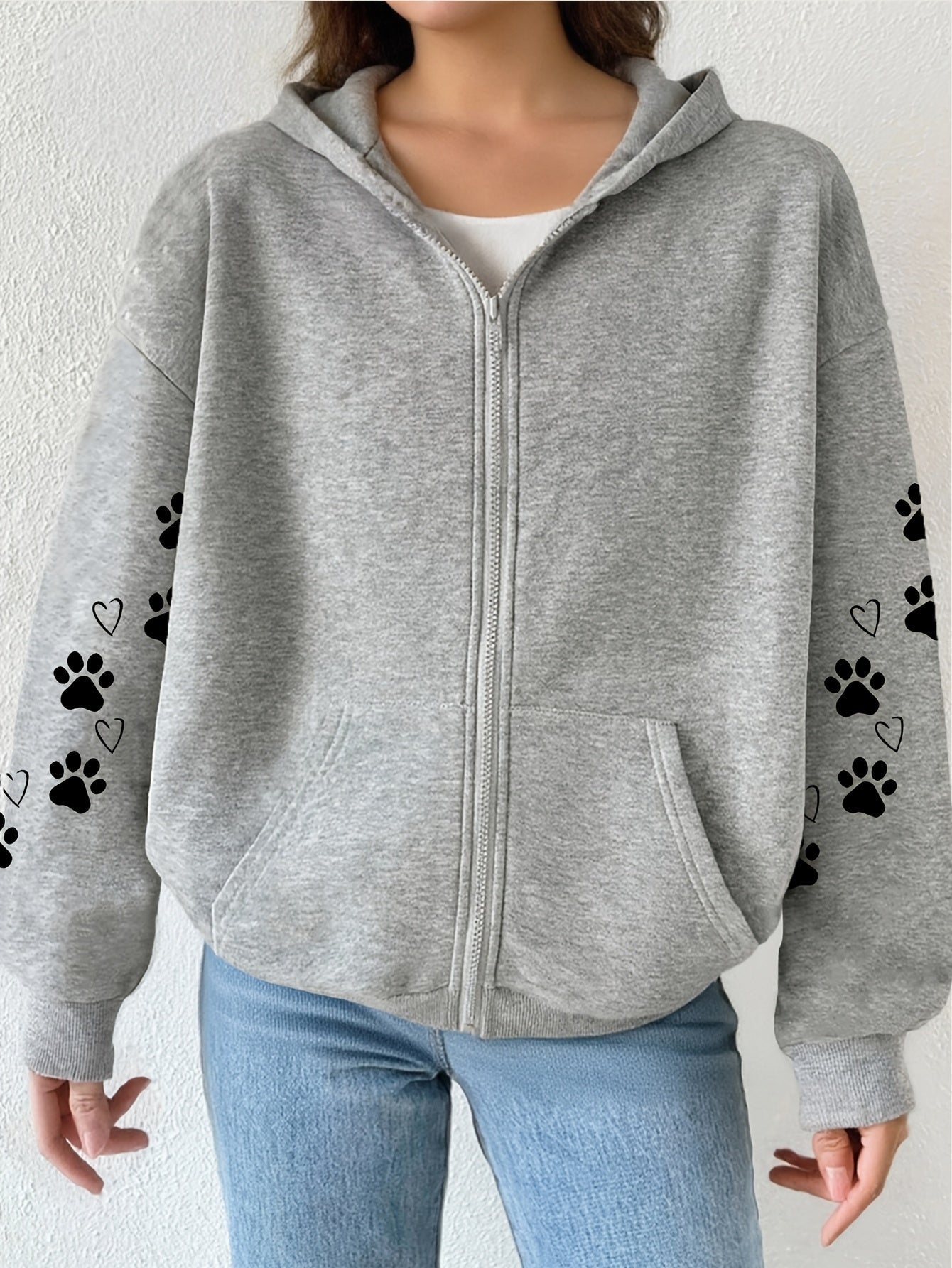Artistic Dog Paw Print Pattern Print - Y2K Casual Style Zip-Up Hoodie - Stylish and Comfortable Zip-Up Jacket, Suitable for All Seasons Casual Sportswear, Fashionable Casual Jacket | Comfortable Fabric   OAXG Grey / S