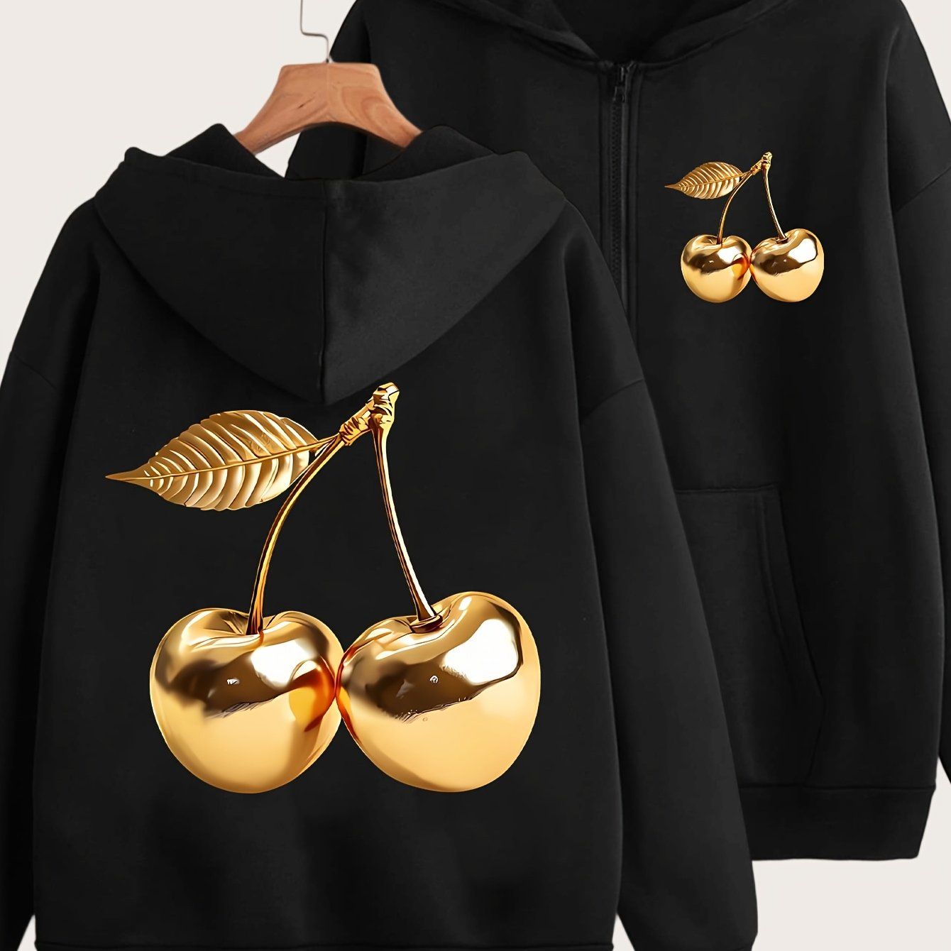 Artistic Golden Cherry Print - Y2K Casual Style Zip-Up Hoodie - Fashionable and Comfortable Zip Jacket, Suitable for All Seasons Casual Sportswear, Fashionable Casual Jacket | Comfortable Fabric   OAXG Grey / S