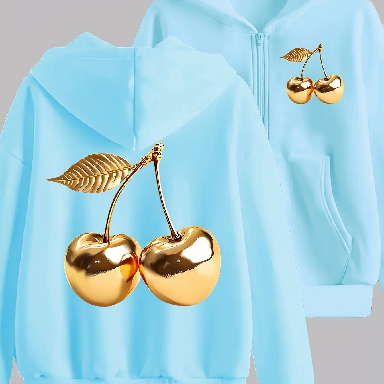 Artistic Golden Cherry Print - Y2K Casual Style Zip-Up Hoodie - Fashionable and Comfortable Zip Jacket, Suitable for All Seasons Casual Sportswear, Fashionable Casual Jacket | Comfortable Fabric   OAXG Grey / S