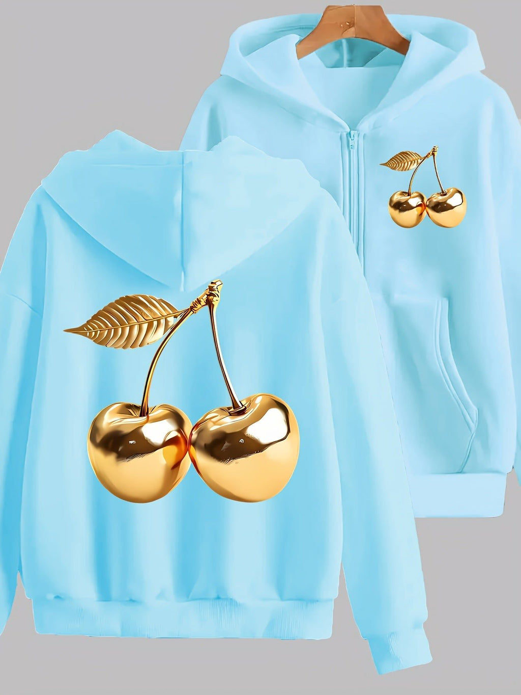 Artistic Golden Cherry Print - Y2K Casual Style Zip-Up Hoodie - Fashionable and Comfortable Zip Jacket, Suitable for All Seasons Casual Sportswear, Fashionable Casual Jacket | Comfortable Fabric   OAXG Grey / S