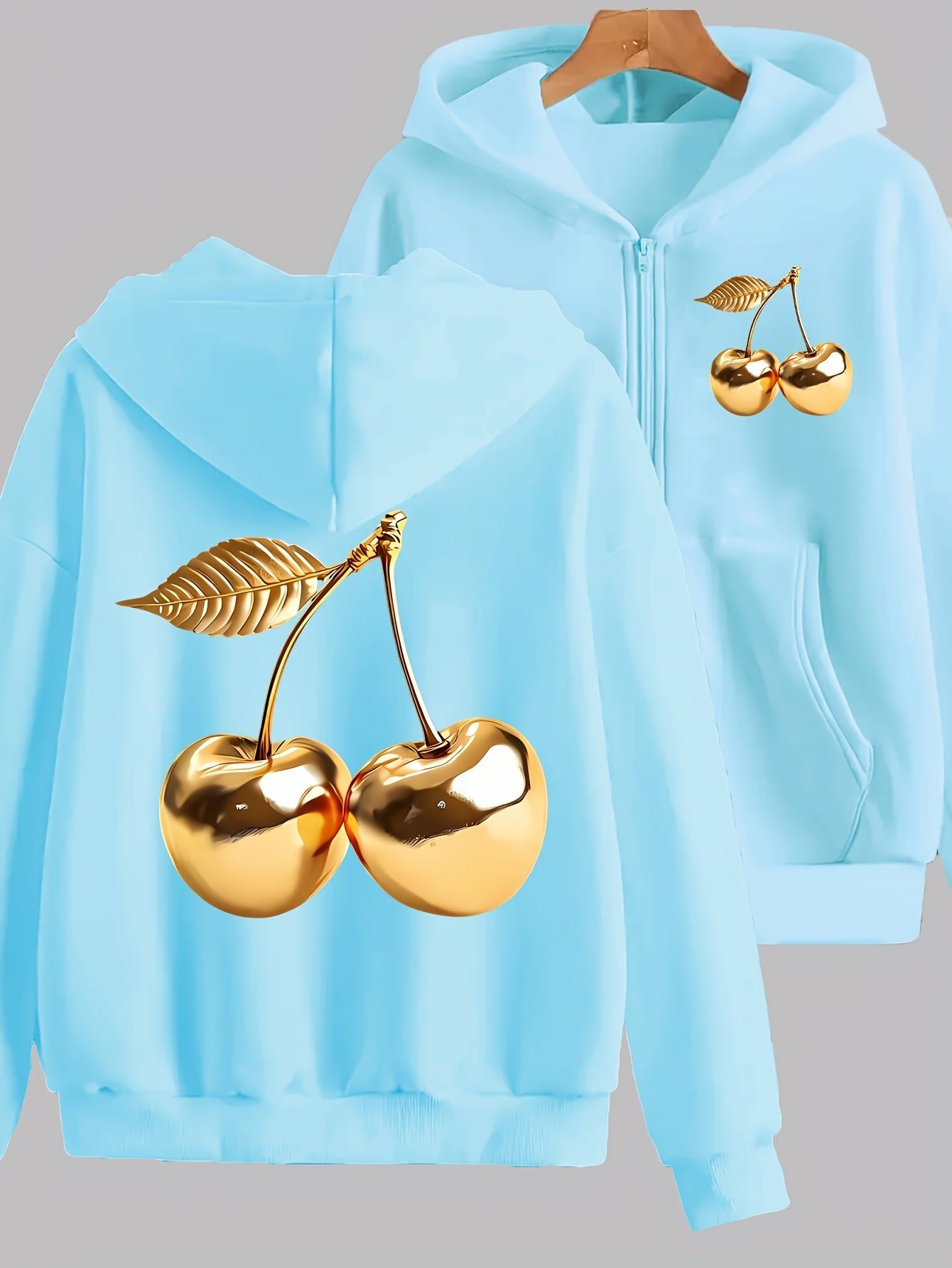 Artistic Golden Cherry Print - Y2K Casual Style Zip-Up Hoodie - Fashionable and Comfortable Zip Jacket, Suitable for All Seasons Casual Sportswear, Fashionable Casual Jacket | Comfortable Fabric   OAXG Grey / S