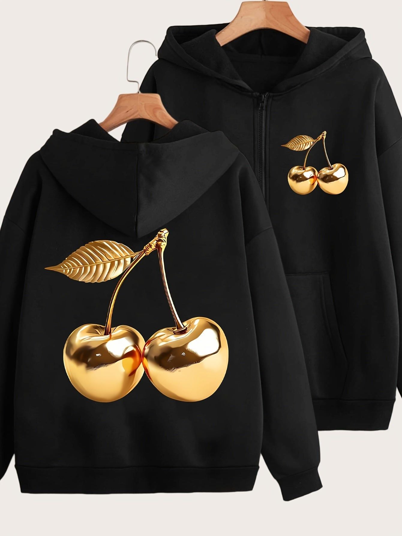 Artistic Golden Cherry Print - Y2K Casual Style Zip-Up Hoodie - Fashionable and Comfortable Zip Jacket, Suitable for All Seasons Casual Sportswear, Fashionable Casual Jacket | Comfortable Fabric   OAXG Grey / S