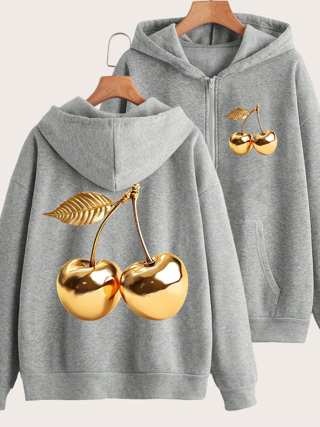 Artistic Golden Cherry Print - Y2K Casual Style Zip-Up Hoodie - Fashionable and Comfortable Zip Jacket, Suitable for All Seasons Casual Sportswear, Fashionable Casual Jacket | Comfortable Fabric   OAXG Grey / S
