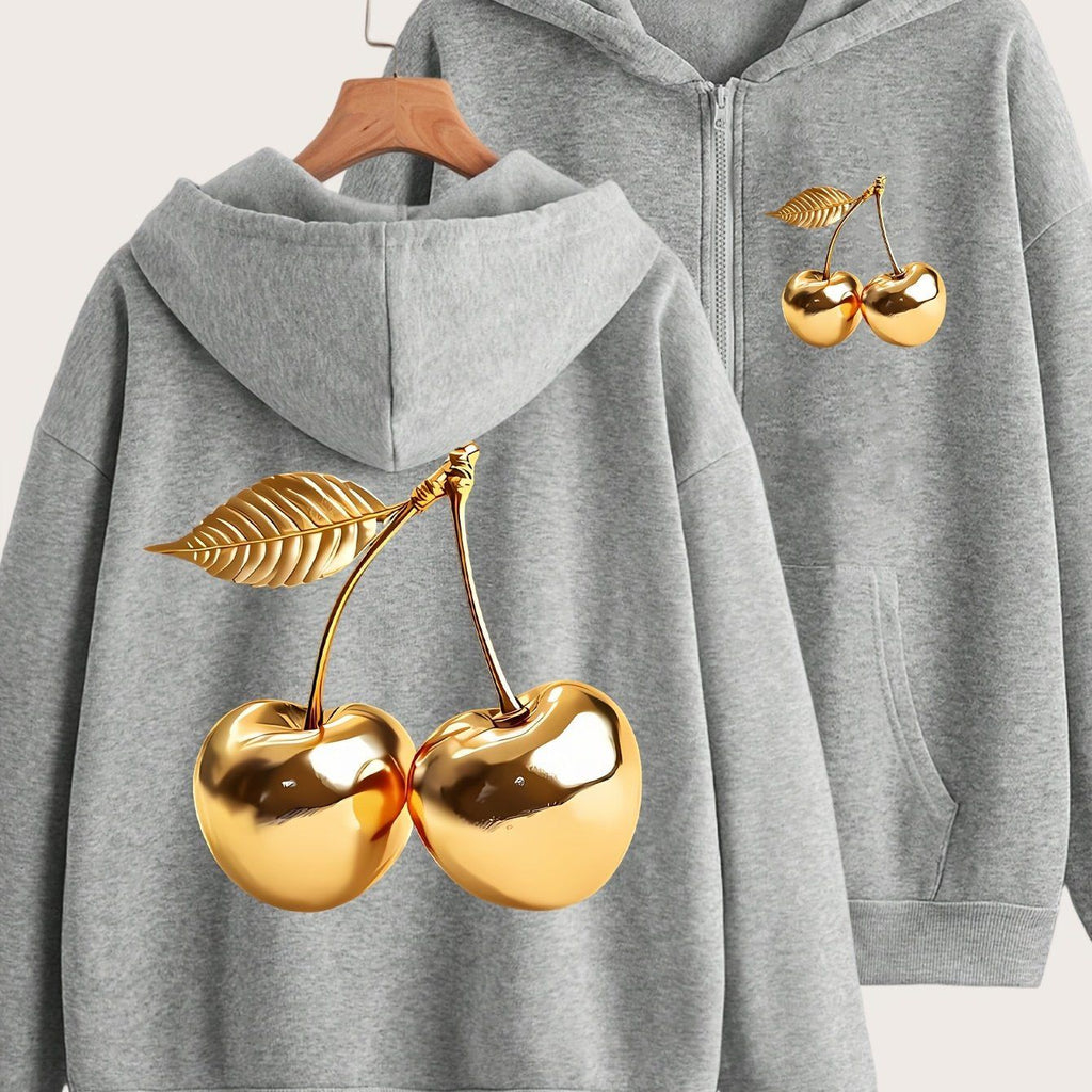 Artistic Golden Cherry Print - Y2K Casual Style Zip-Up Hoodie - Fashionable and Comfortable Zip Jacket, Suitable for All Seasons Casual Sportswear, Fashionable Casual Jacket | Comfortable Fabric   OAXG Grey / S