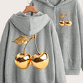 Artistic Golden Cherry Print - Y2K Casual Style Zip-Up Hoodie - Fashionable and Comfortable Zip Jacket, Suitable for All Seasons Casual Sportswear, Fashionable Casual Jacket | Comfortable Fabric   OAXG Grey / S
