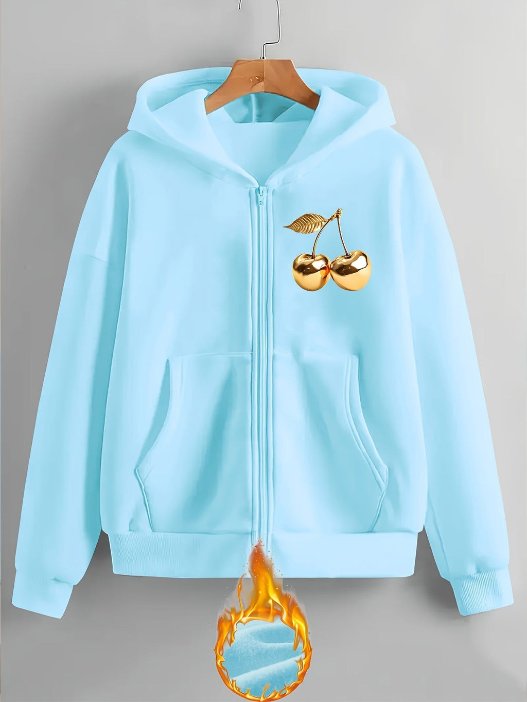 Artistic Golden Cherry Print - Y2K Casual Style Zip-Up Hoodie - Fashionable and Comfortable Zip Jacket, Suitable for All Seasons Casual Sportswear, Fashionable Casual Jacket | Comfortable Fabric   OAXG Grey / S