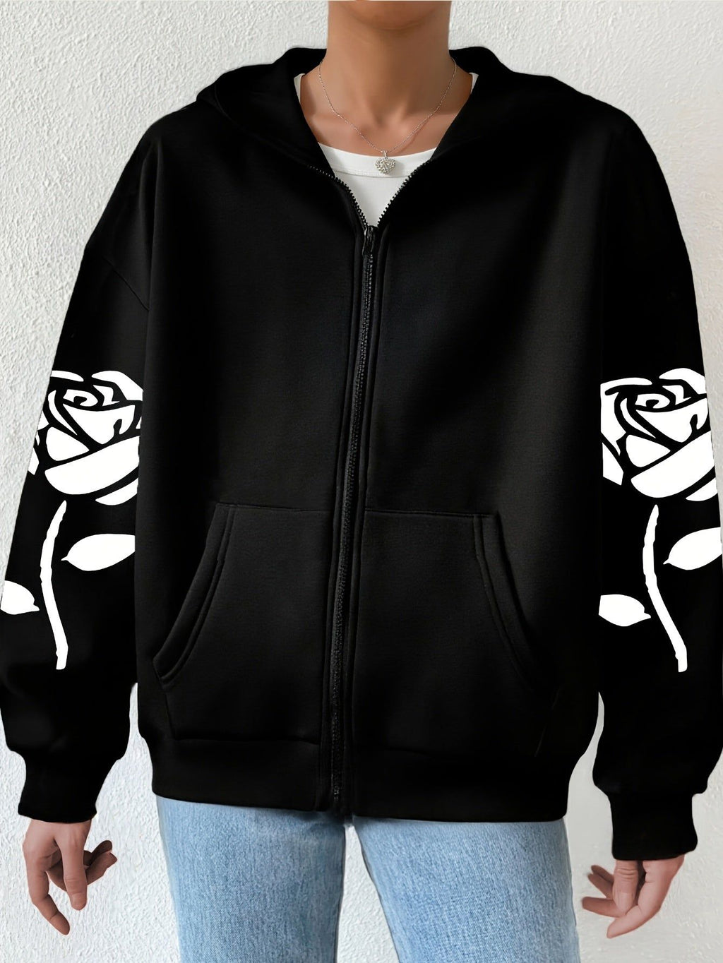 Artistic Letter Pattern Print - Y2K Casual Style Zip-Up Hoodie - Fashionable and Comfortable Zip-Up Jacket, Suitable for All Seasons Casual Sportswear, Casual Sportswear Fashionable Casual Jacket | Comfortable Fabric   OAXG Black / S