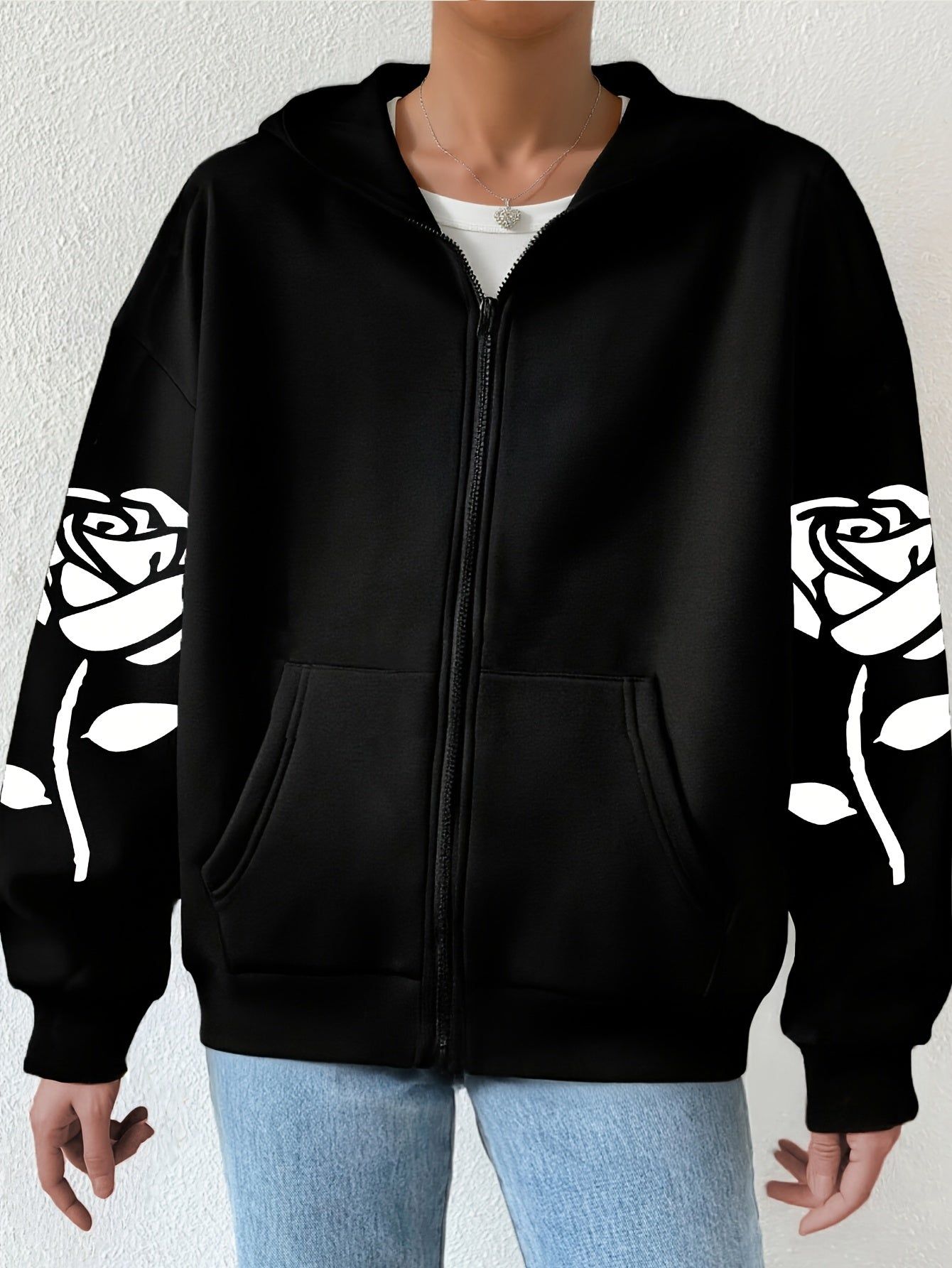 Artistic Letter Pattern Print - Y2K Casual Style Zip-Up Hoodie - Fashionable and Comfortable Zip-Up Jacket, Suitable for All Seasons Casual Sportswear, Casual Sportswear Fashionable Casual Jacket | Comfortable Fabric   OAXG Black / S