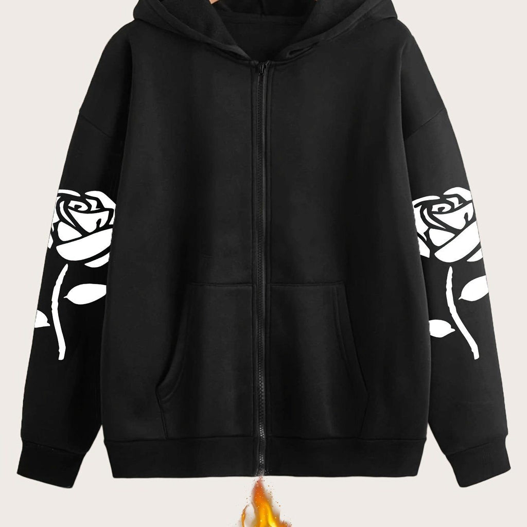 Artistic Letter Pattern Print - Y2K Casual Style Zip-Up Hoodie - Fashionable and Comfortable Zip-Up Jacket, Suitable for All Seasons Casual Sportswear, Casual Sportswear Fashionable Casual Jacket | Comfortable Fabric   OAXG Black / S
