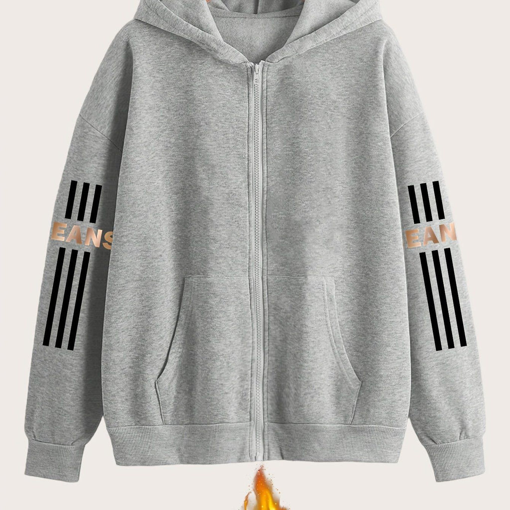 Artistic Letter Pattern Print - Y2K Casual Style Zip-Up Hoodie - Fashionable and Comfortable Zip-Up Jacket, Suitable for All Seasons Casual Sportswear, Casual Sportswear Fashionable Casual Jacket | Comfortable Fabric   OAXG Grey / S