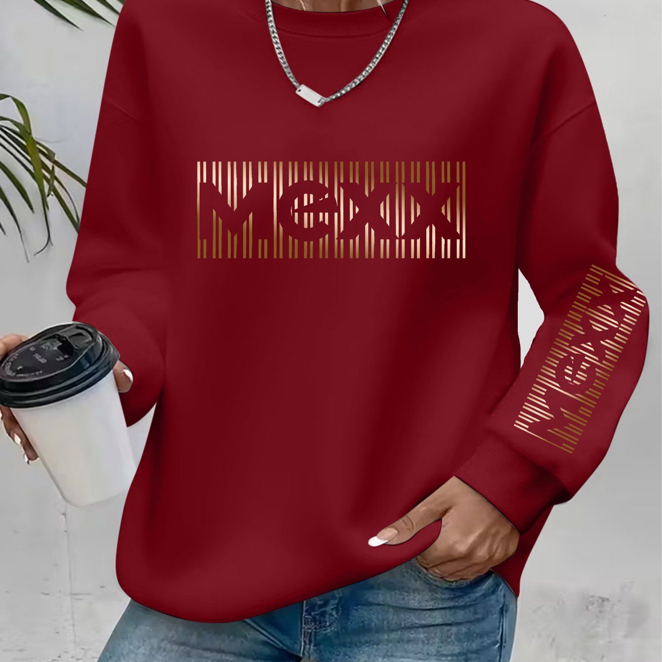 Artistic Letter Print Round Neck Sweatshirt—Y2K Fashion Elegant Style Casual Sport Long Sleeve -Lined Pullover   OAXG Black / S