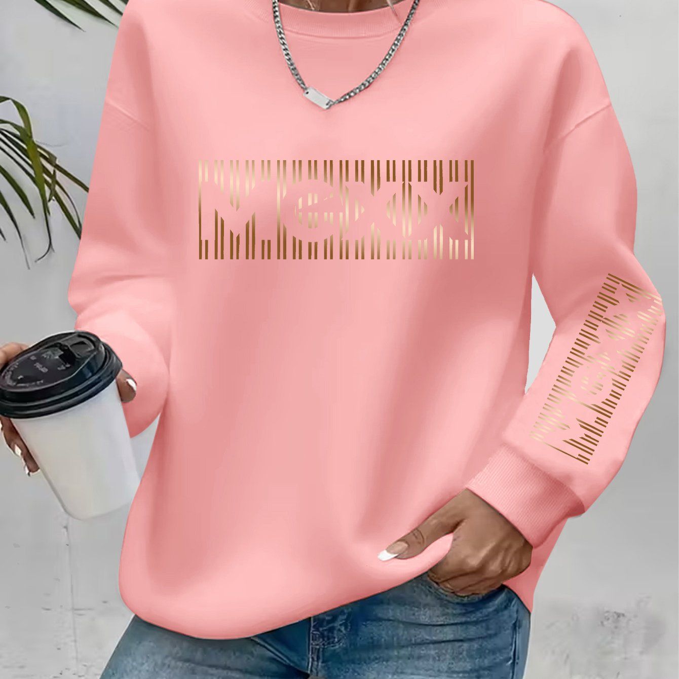 Artistic Letter Print Round Neck Sweatshirt—Y2K Fashion Elegant Style Casual Sport Long Sleeve -Lined Pullover   OAXG Black / S