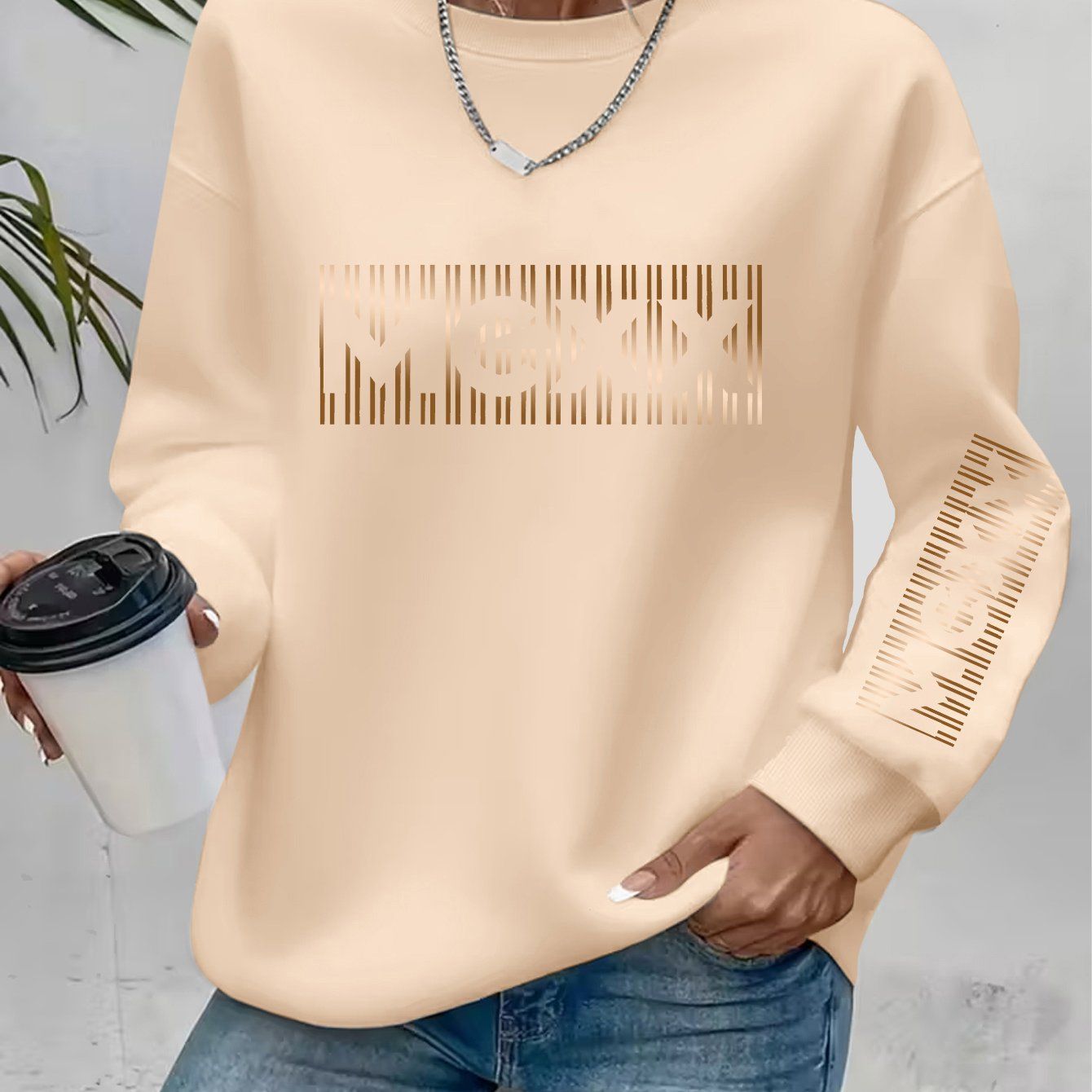 Artistic Letter Print Round Neck Sweatshirt—Y2K Fashion Elegant Style Casual Sport Long Sleeve -Lined Pullover   OAXG Black / S