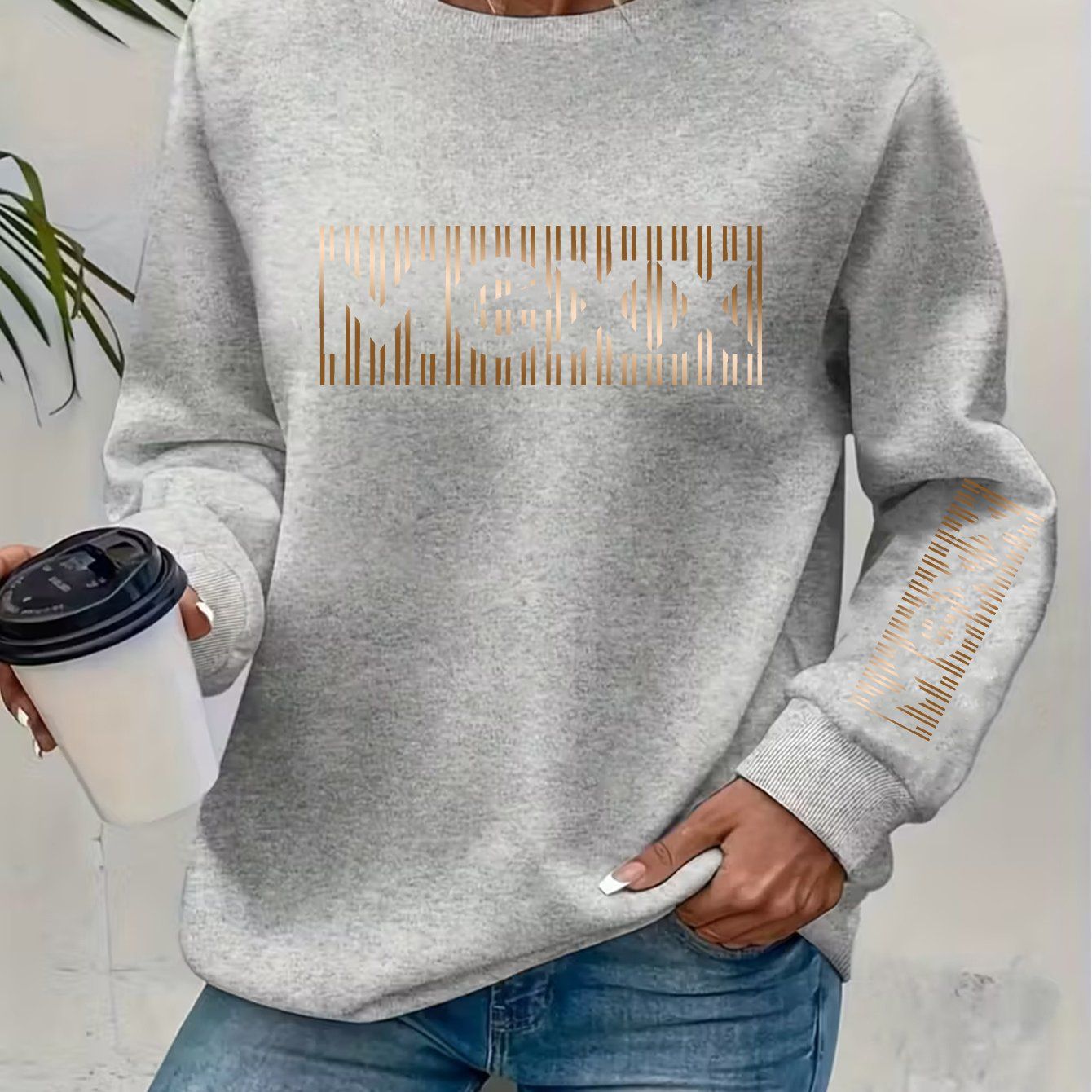 Artistic Letter Print Round Neck Sweatshirt—Y2K Fashion Elegant Style Casual Sport Long Sleeve -Lined Pullover   OAXG Black / S