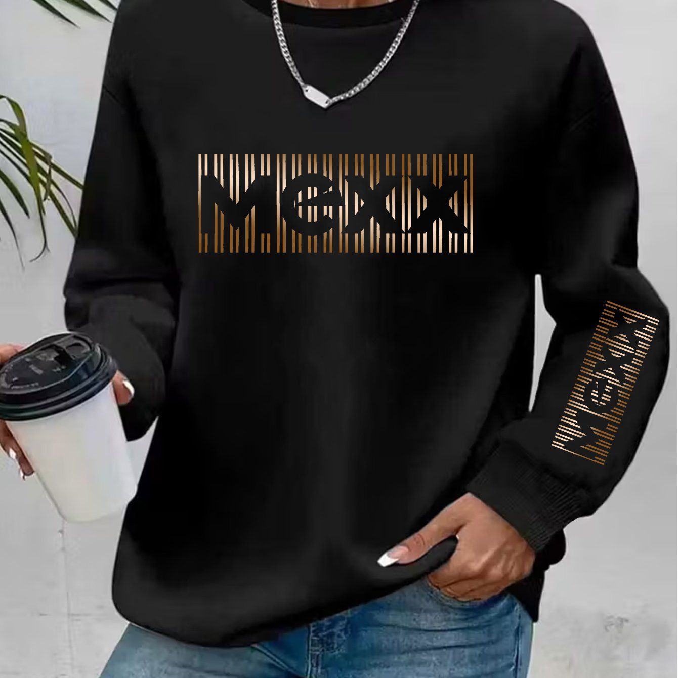 Artistic Letter Print Round Neck Sweatshirt—Y2K Fashion Elegant Style Casual Sport Long Sleeve -Lined Pullover   OAXG Black / S