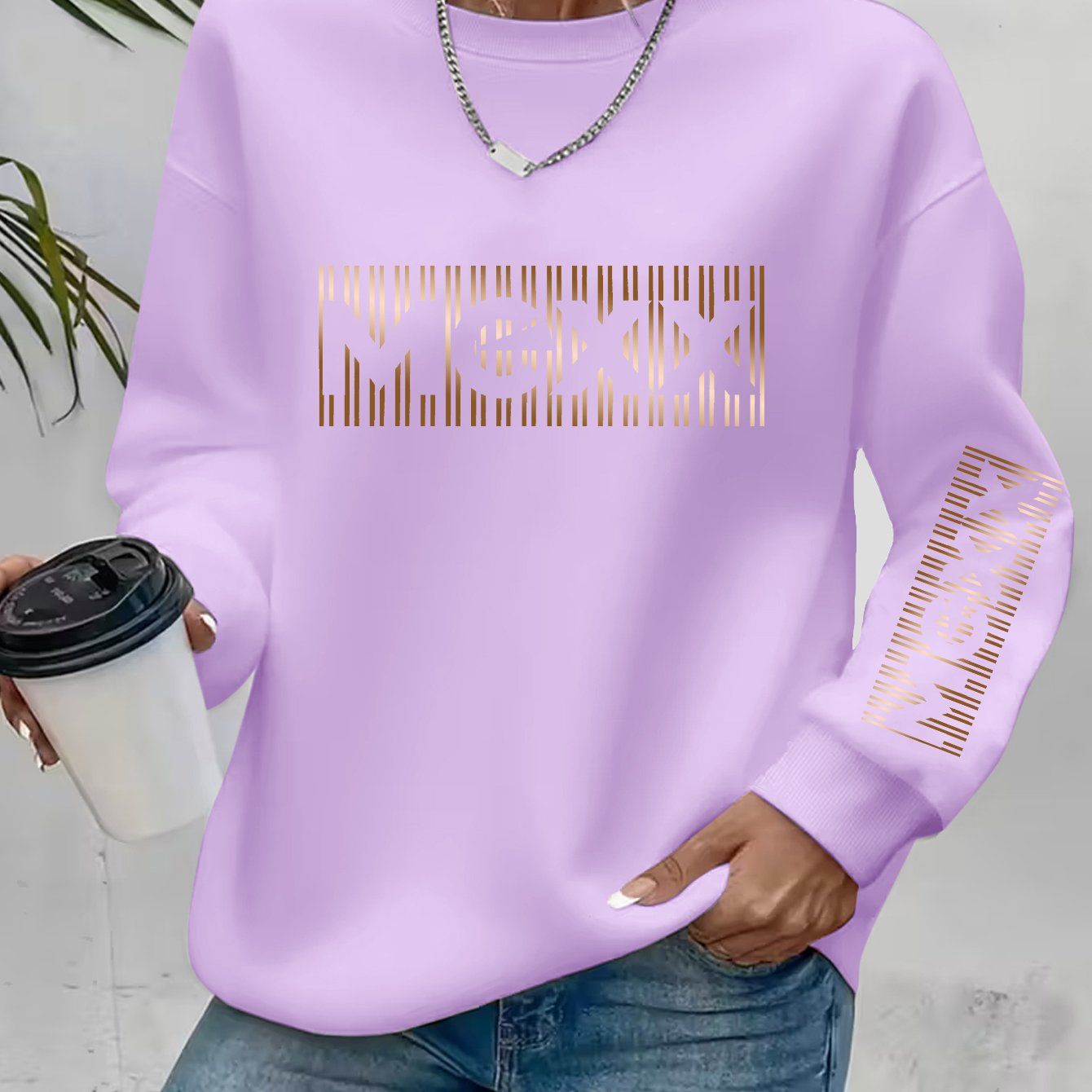 Artistic Letter Print Round Neck Sweatshirt—Y2K Fashion Elegant Style Casual Sport Long Sleeve -Lined Pullover   OAXG Black / S