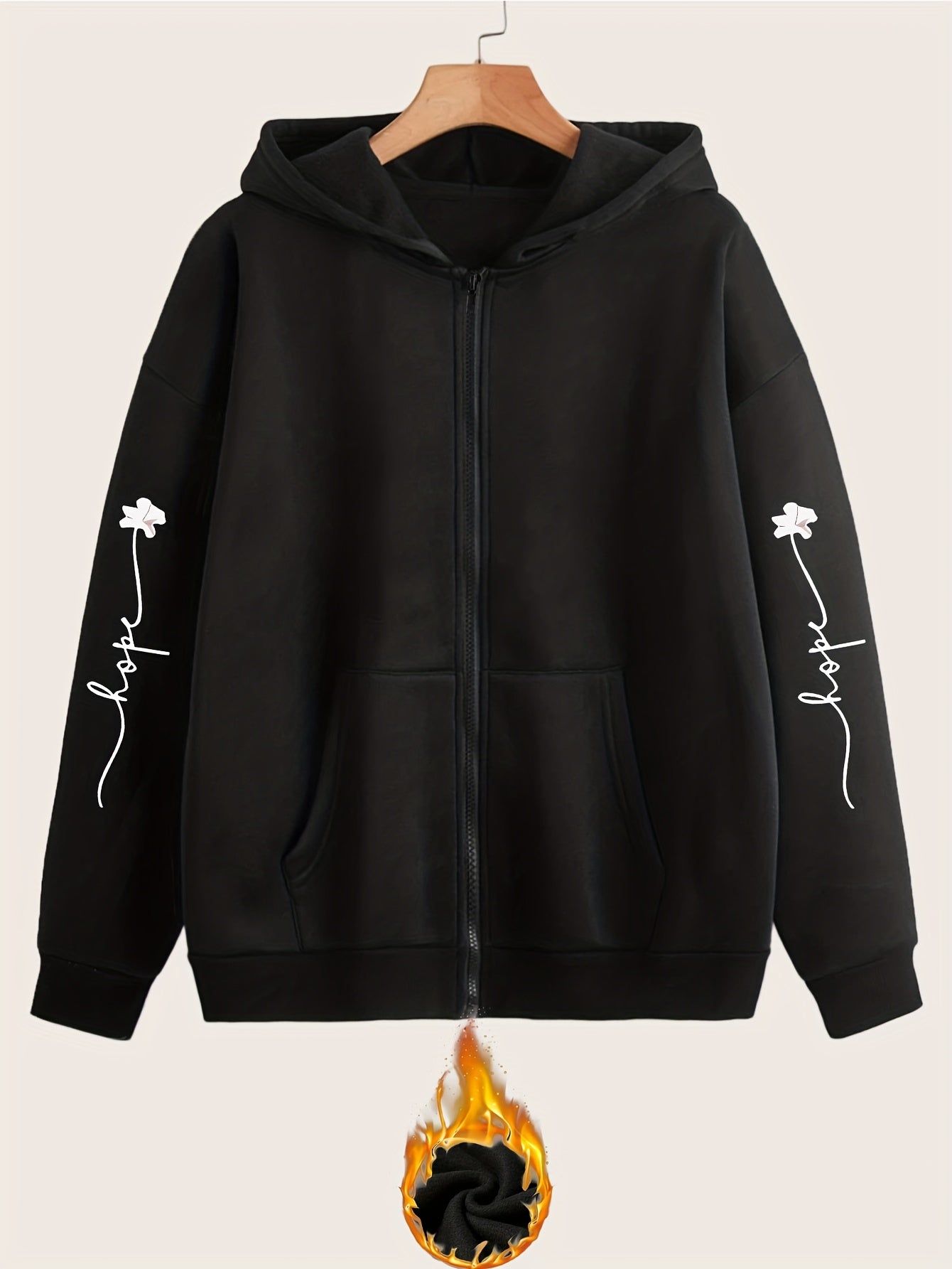Artistic Letter Print Y2K Casual Style Zip-Up Hoodie - Fashionable and Comfortable Zip-Up Pocket Jacket for Spring, Autumn, and Winter Casual Sportswear, Fashionable Casual Jacket | Comfortable Fabric   OAXG Black / S