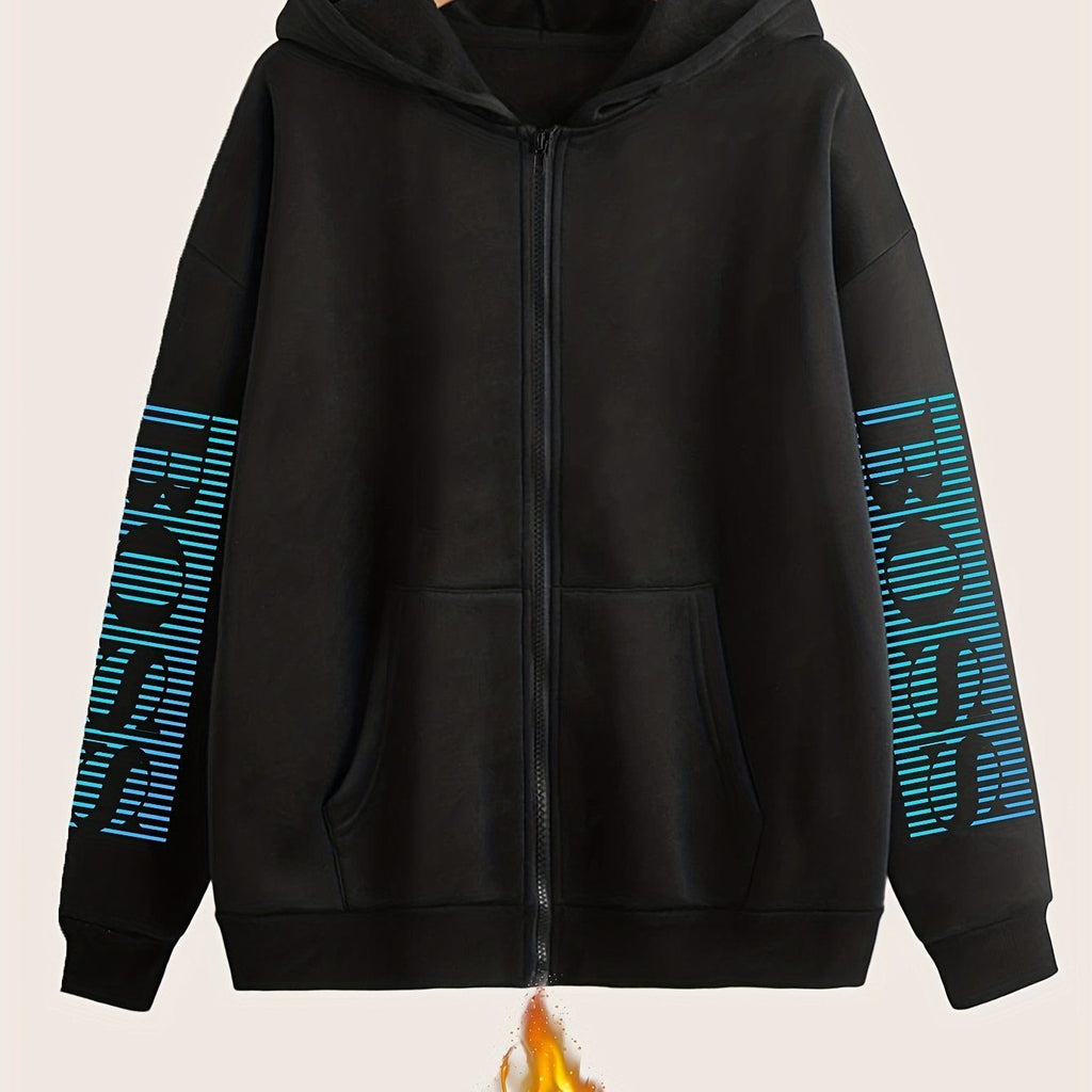 Artistic Letter Print Y2K Casual Style Zip-Up Hoodie - Fashionable and Comfortable Zip-Up Pocket Jacket for Spring, Autumn, and Winter Casual Sportswear, Fashionable Casual Jacket | Comfortable Fabric   OAXG Black / S