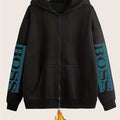 Artistic Letter Print Y2K Casual Style Zip-Up Hoodie - Fashionable and Comfortable Zip-Up Pocket Jacket for Spring, Autumn, and Winter Casual Sportswear, Fashionable Casual Jacket | Comfortable Fabric   OAXG Black / S