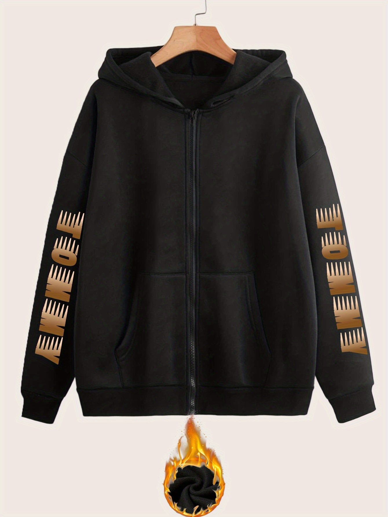 Artistic Letter Print Y2K Casual Style Zip-Up Hoodie - Fashionable and Comfortable Zip-Up Pocket Jacket for Spring, Autumn, and Winter Casual Sportswear, Fashionable Casual Jacket | Comfortable Fabric   OAXG Black / S