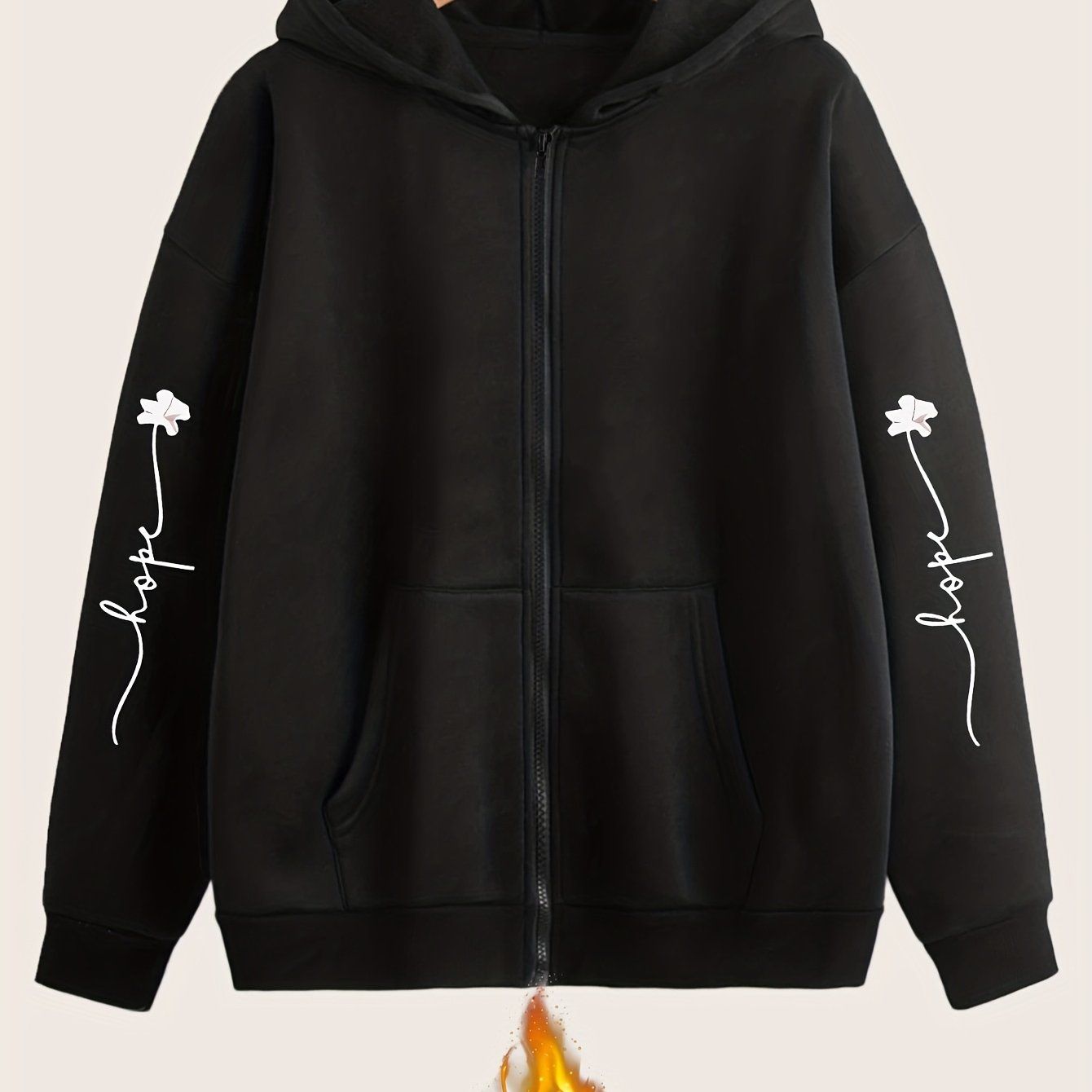 Artistic Letter Print Y2K Casual Style Zip-Up Hoodie - Fashionable and Comfortable Zip-Up Pocket Jacket for Spring, Autumn, and Winter Casual Sportswear, Fashionable Casual Jacket | Comfortable Fabric   OAXG Black / S