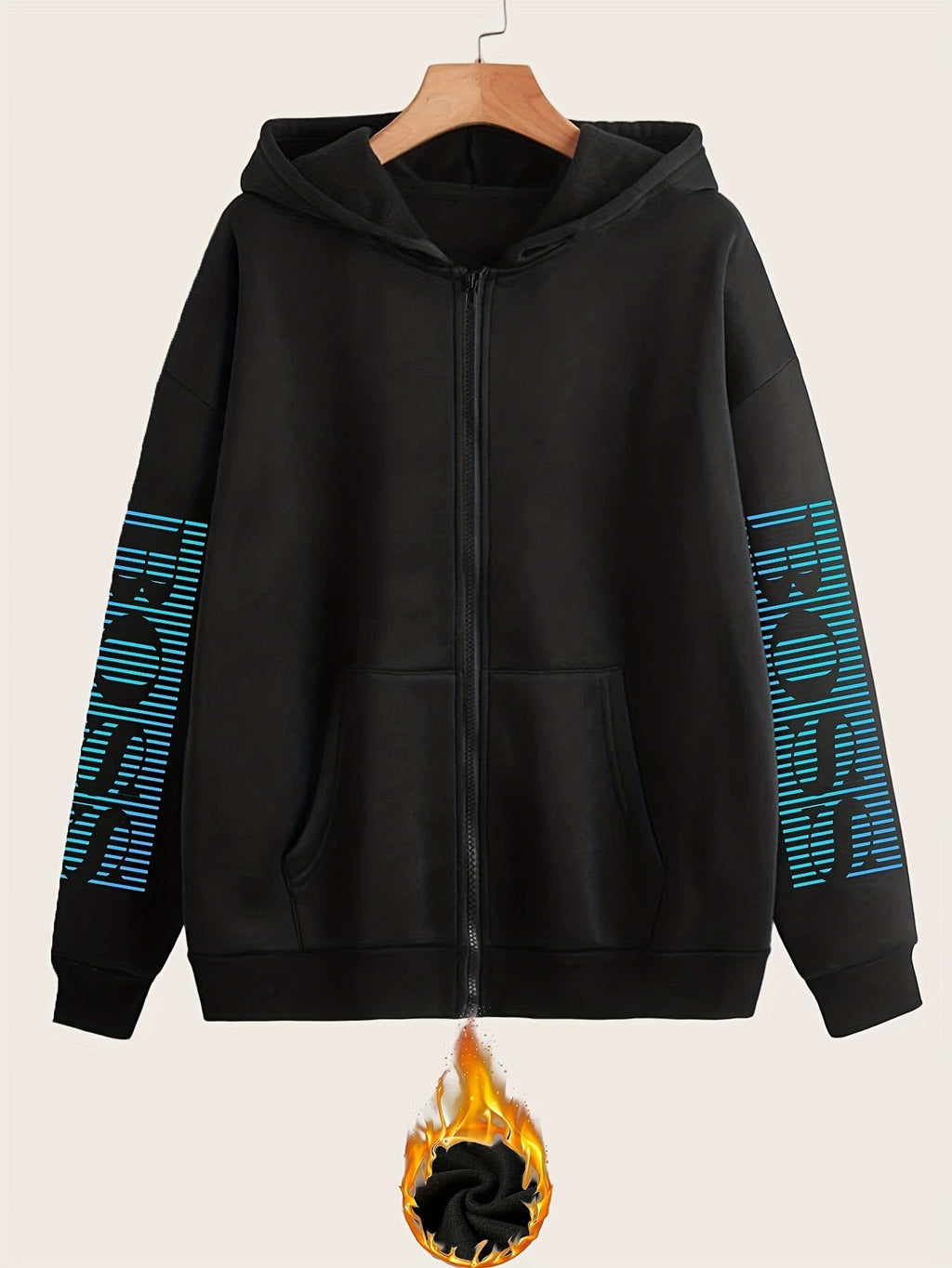Artistic Letter Print Y2K Casual Style Zip-Up Hoodie - Fashionable and Comfortable Zip-Up Pocket Jacket for Spring, Autumn, and Winter Casual Sportswear, Fashionable Casual Jacket | Comfortable Fabric   OAXG Black / S