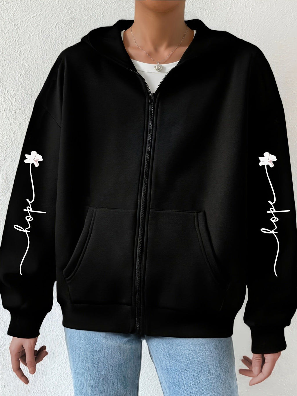 Artistic Letter Print Y2K Casual Style Zip-Up Hoodie - Fashionable and Comfortable Zip-Up Pocket Jacket for Spring, Autumn, and Winter Casual Sportswear, Fashionable Casual Jacket | Comfortable Fabric   OAXG Black / S
