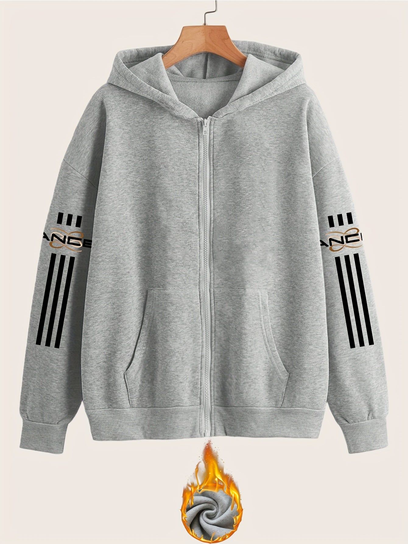 Artistic Letter Print Y2K Casual Style Zip-Up Hoodie - Fashionable and Comfortable Zip-Up Pocket Jacket for Spring, Autumn, and Winter Casual Sportswear, Fashionable Casual Jacket | Comfortable Fabric   OAXG Black / S