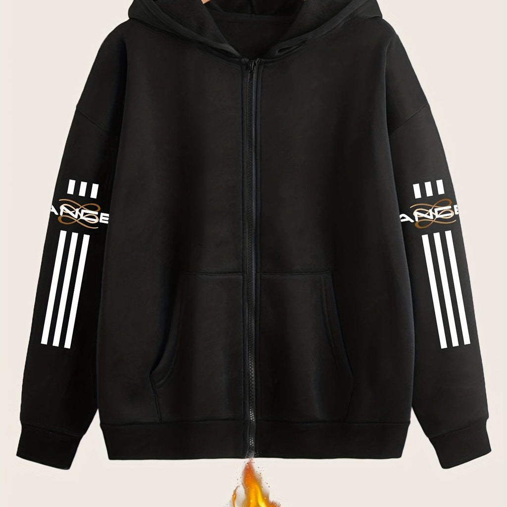 Artistic Letter Print Y2K Casual Style Zip-Up Hoodie - Fashionable and Comfortable Zip-Up Pocket Jacket for Spring, Autumn, and Winter Casual Sportswear, Fashionable Casual Jacket | Comfortable Fabric   OAXG Black / S