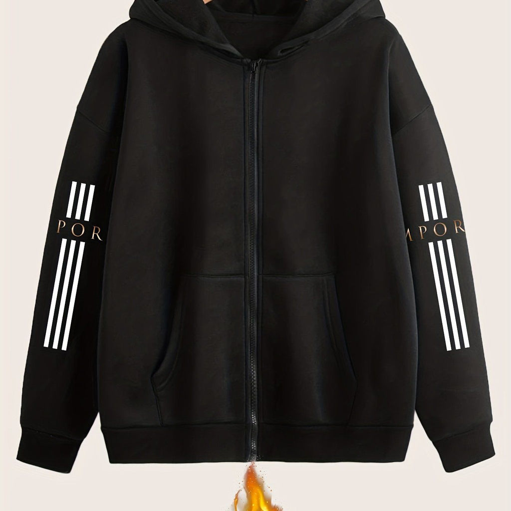 Artistic Letter Print Y2K Casual Style Zip-Up Hoodie - Fashionable and Comfortable Zip-Up Pocket Jacket for Spring, Autumn, and Winter Casual Sportswear, Fashionable Casual Jacket | Comfortable Fabric   OAXG Black / S