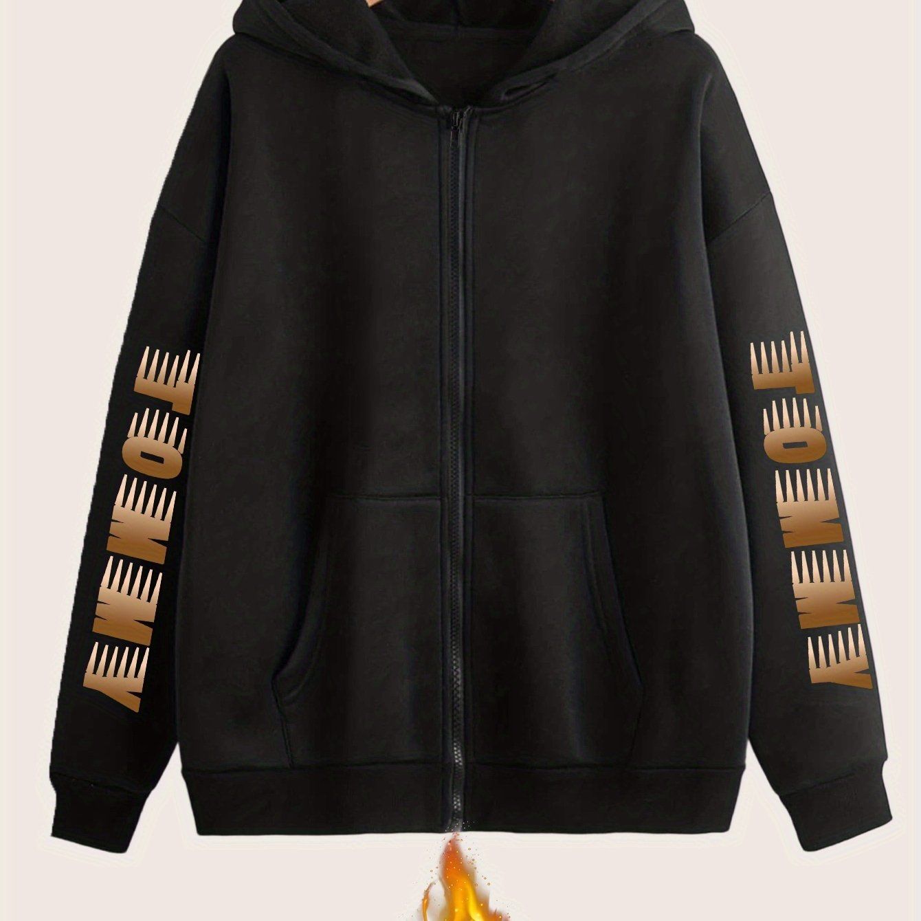 Artistic Letter Print Y2K Casual Style Zip-Up Hoodie - Fashionable and Comfortable Zip-Up Pocket Jacket for Spring, Autumn, and Winter Casual Sportswear, Fashionable Casual Jacket | Comfortable Fabric   OAXG Black / S